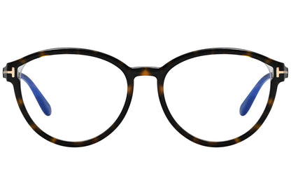 tom ford oval tortoise eyeglasses frame viewed from front angle.