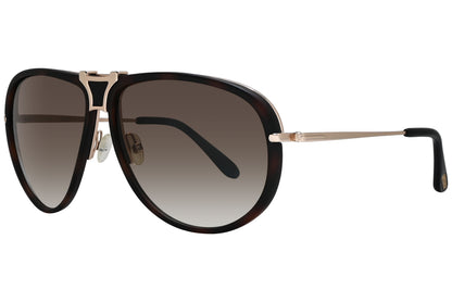 A pair of Tom Ford aviator sunglasses with black frame and gold metal details.
