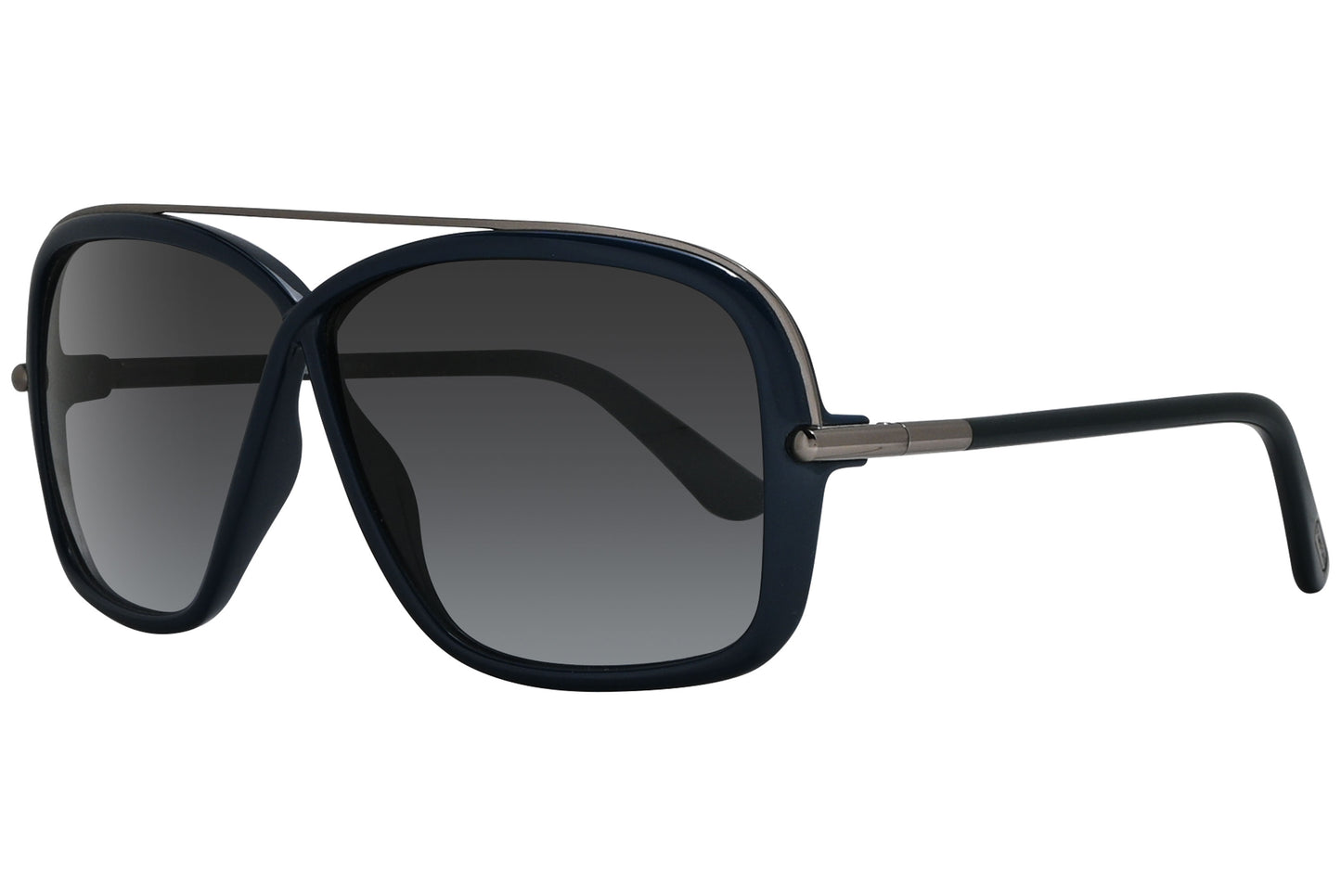 A pair of Tom Ford Brenda sunglasses with blue and black frame, as well as grey lenses.