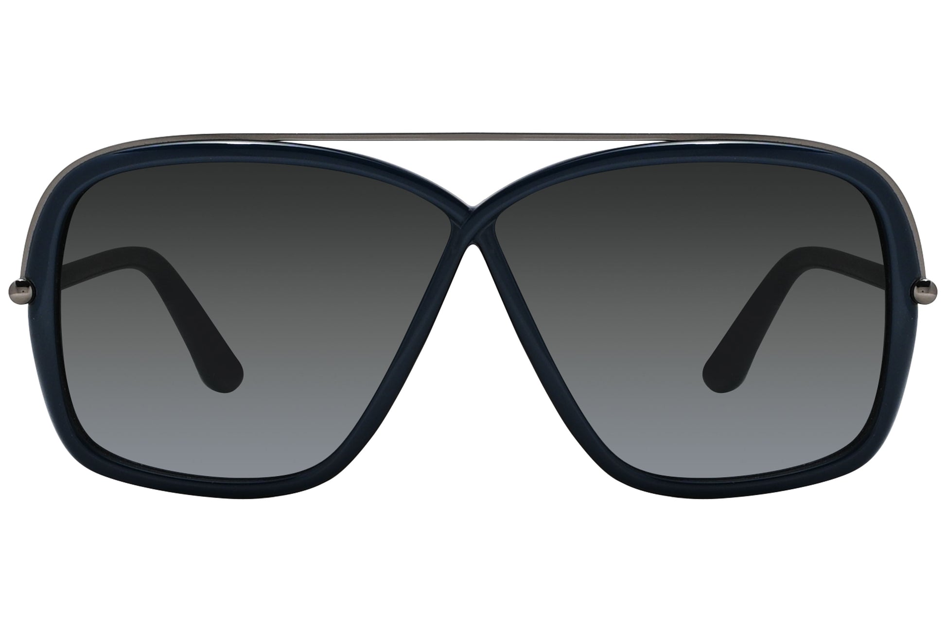 A pair of Tom Ford Brenda sunglasses with blue and black frame, as well as grey lenses.