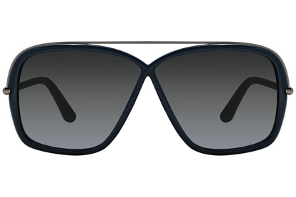A pair of Tom Ford Brenda sunglasses with blue and black frame, as well as grey lenses.