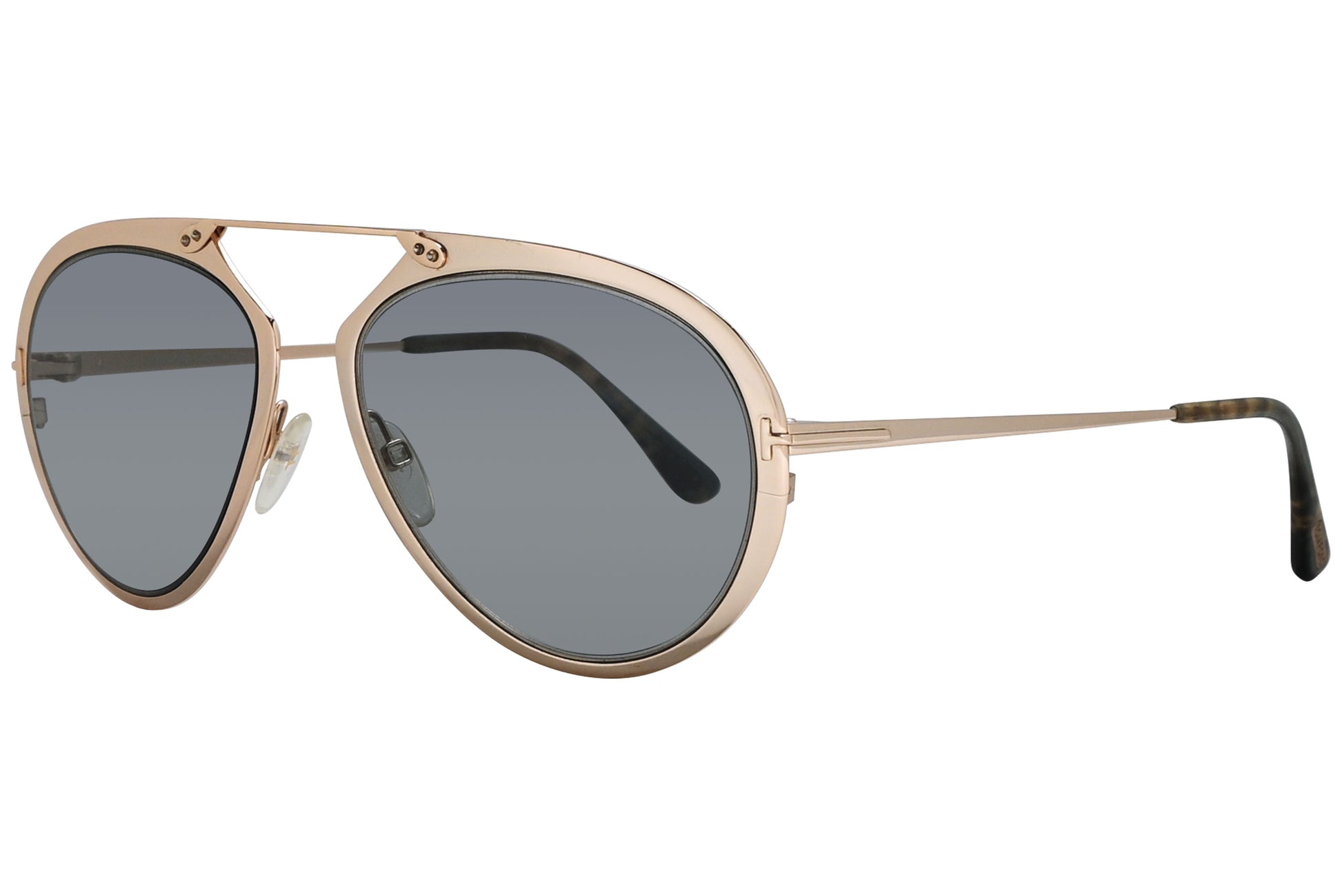 A pair of Tom Ford sunglasses with a light gold metal frame and dark lenses.