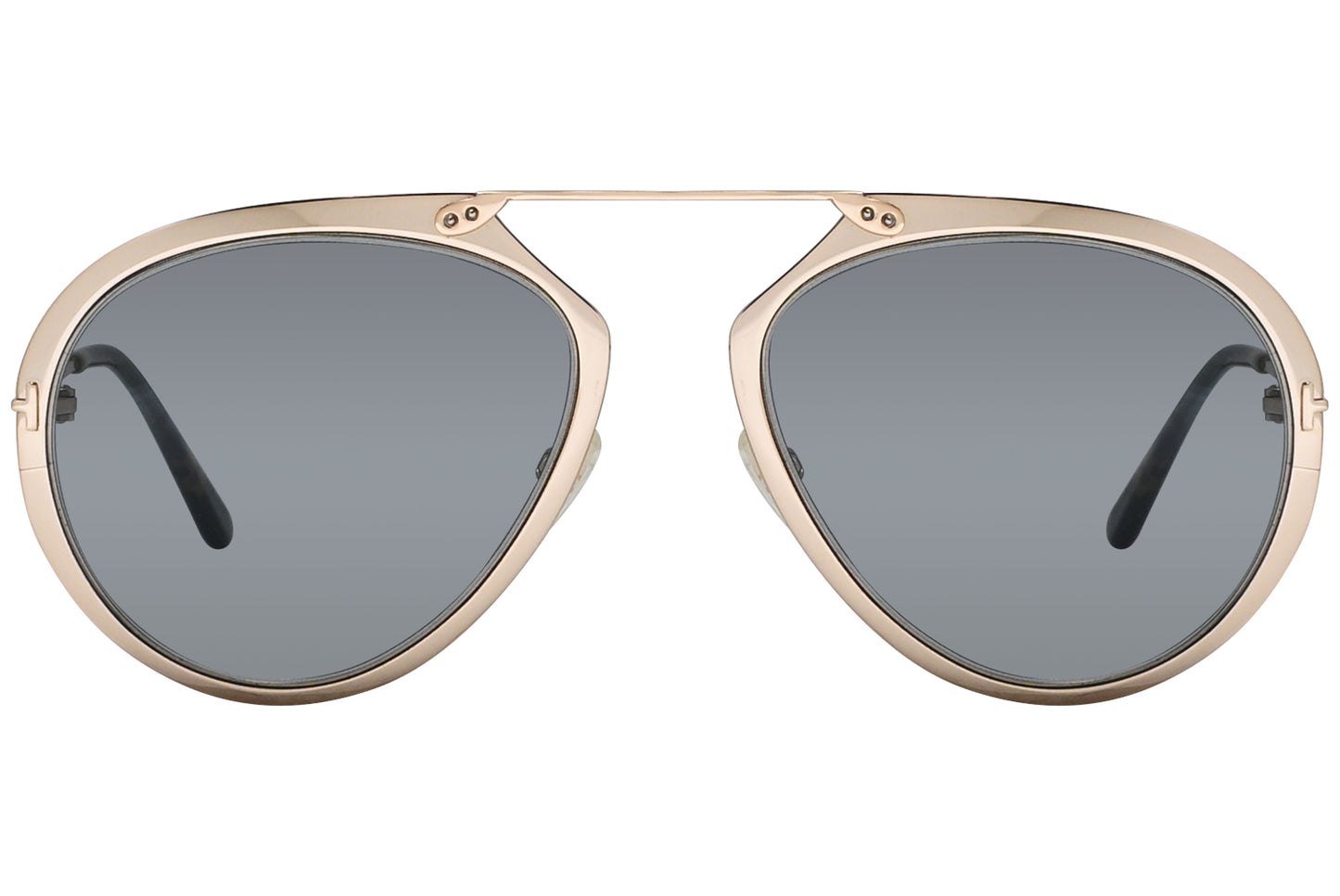 A pair of Tom Ford sunglasses with a light gold metal frame and dark lenses.