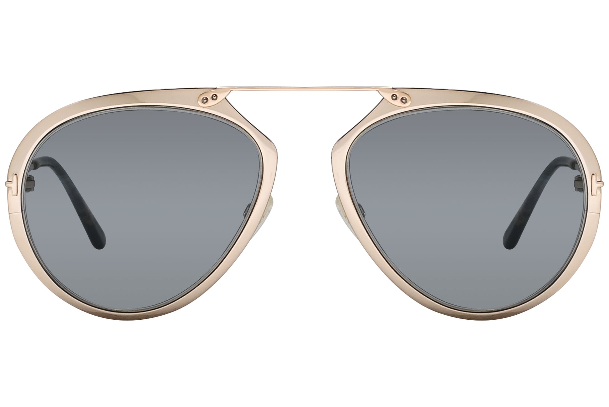 A pair of Tom Ford sunglasses with a light gold metal frame and dark lenses.