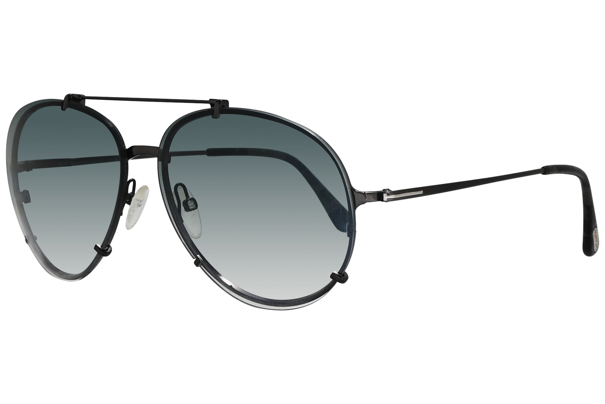 A pair of Tom Ford sunglasses with black frame, as seen from a side profile, featuring a round lens design and metal accents.