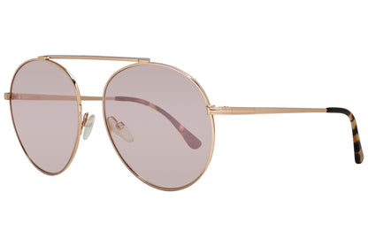 A pair of Tom Ford Simone II sunglasses with pink lenses and gold metal frame.