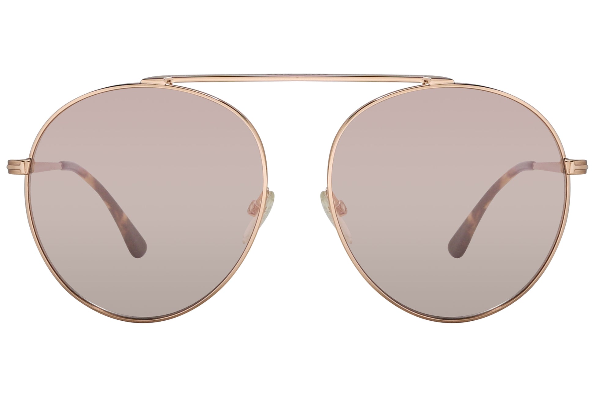 A pair of Tom Ford Simone II sunglasses with pink lenses and gold metal frame.