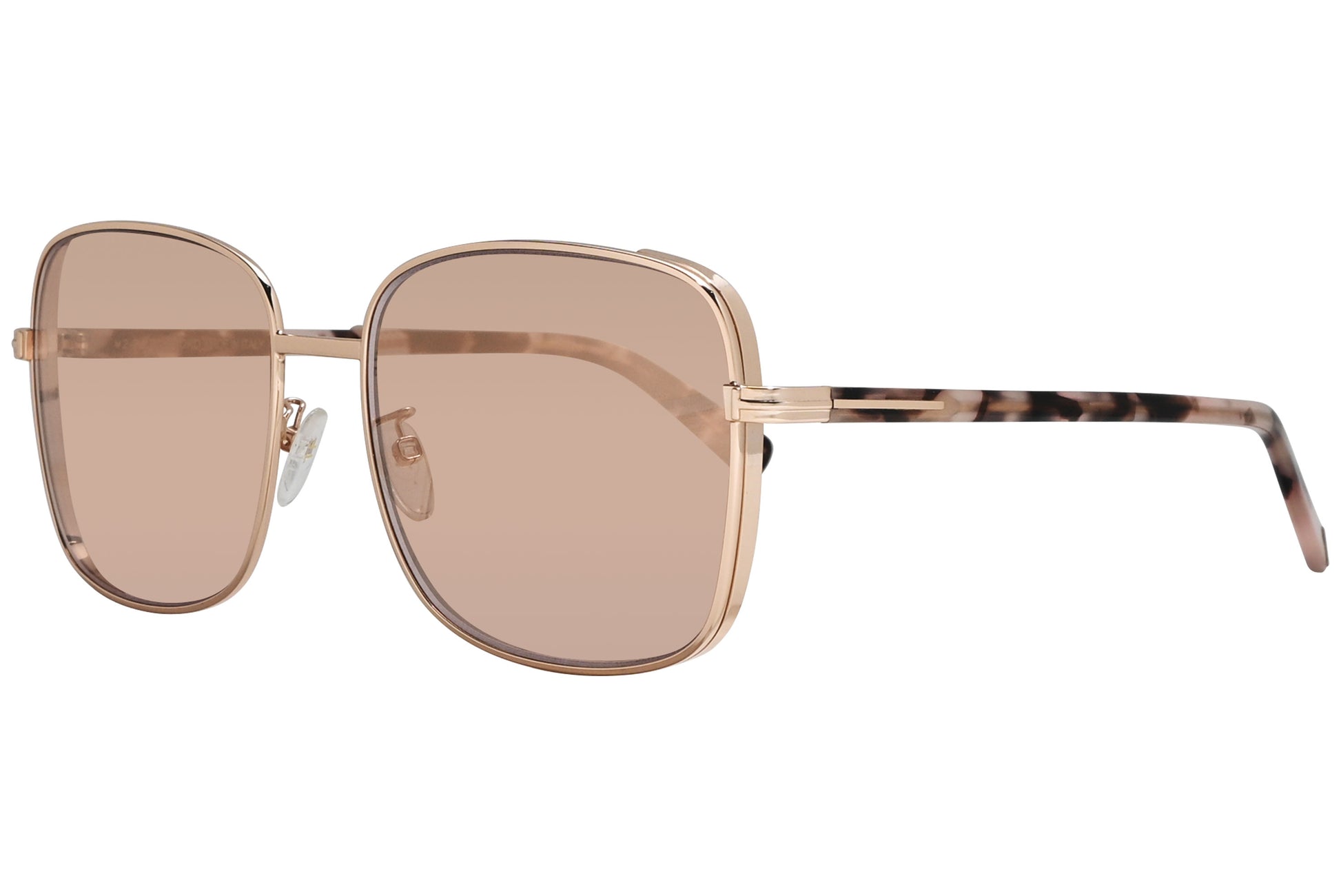 A pair of Tom Ford square sunglasses with pink lenses and a metallic rose gold frame.