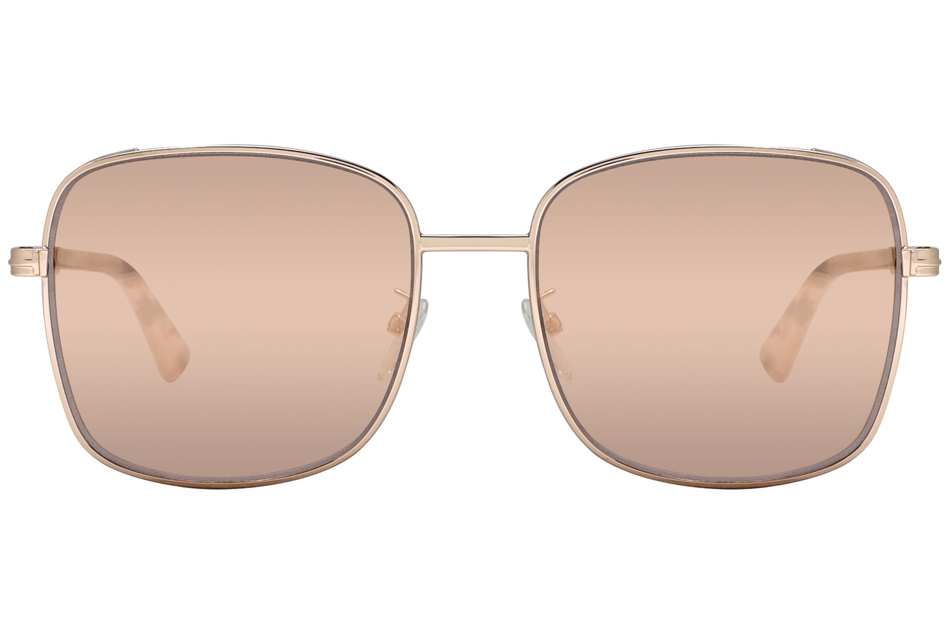 A pair of Tom Ford square sunglasses with pink lenses and a metallic rose gold frame.
