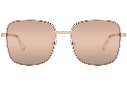 A pair of Tom Ford square sunglasses with pink lenses and a metallic rose gold frame.