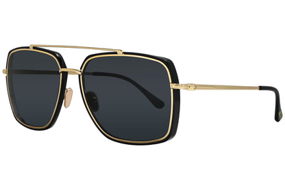 A pair of Tom Ford aviator-style sunglasses with black lenses and gold metal frame.