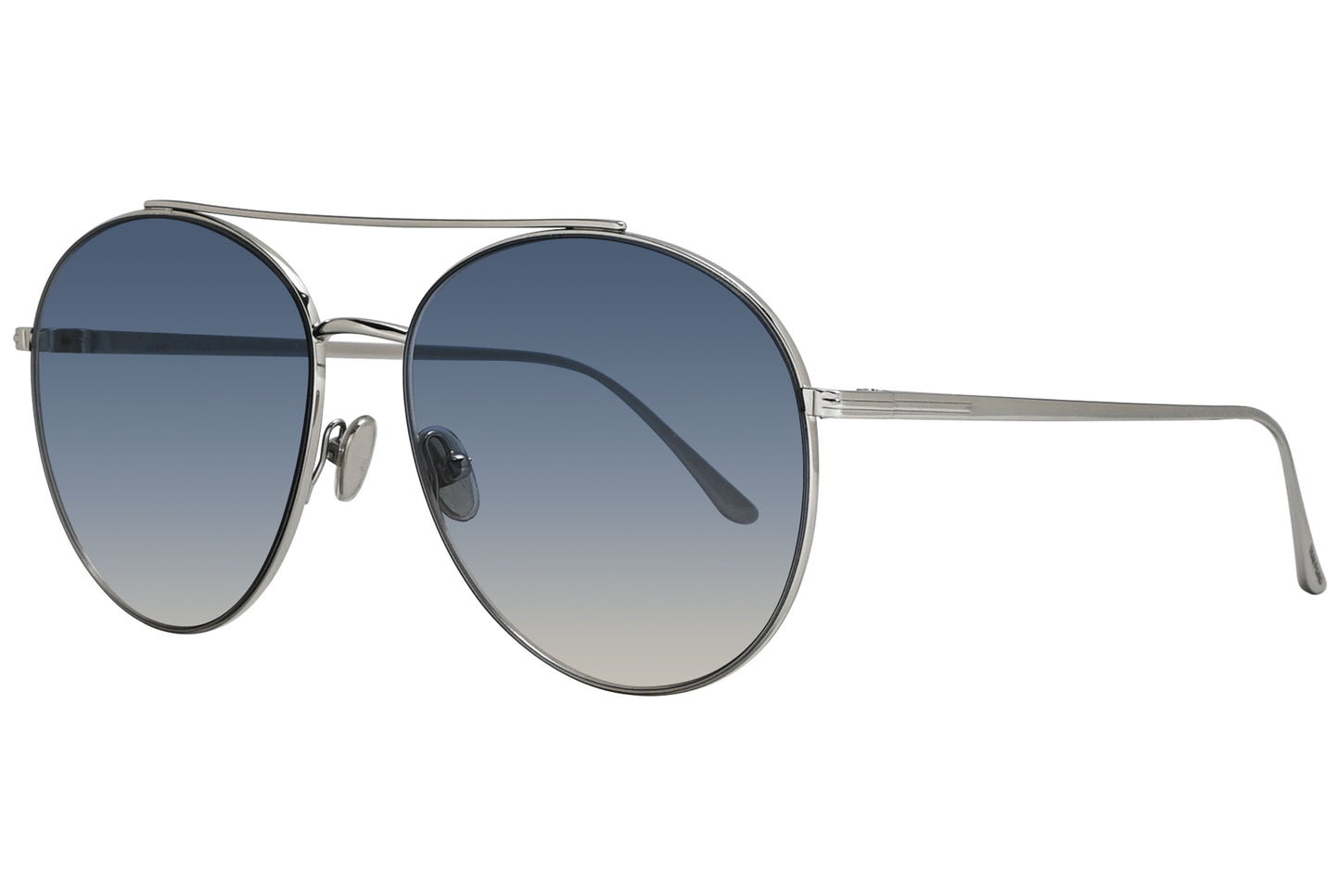 A pair of Tom Ford sunglasses with a silver metal frame and blue lenses.