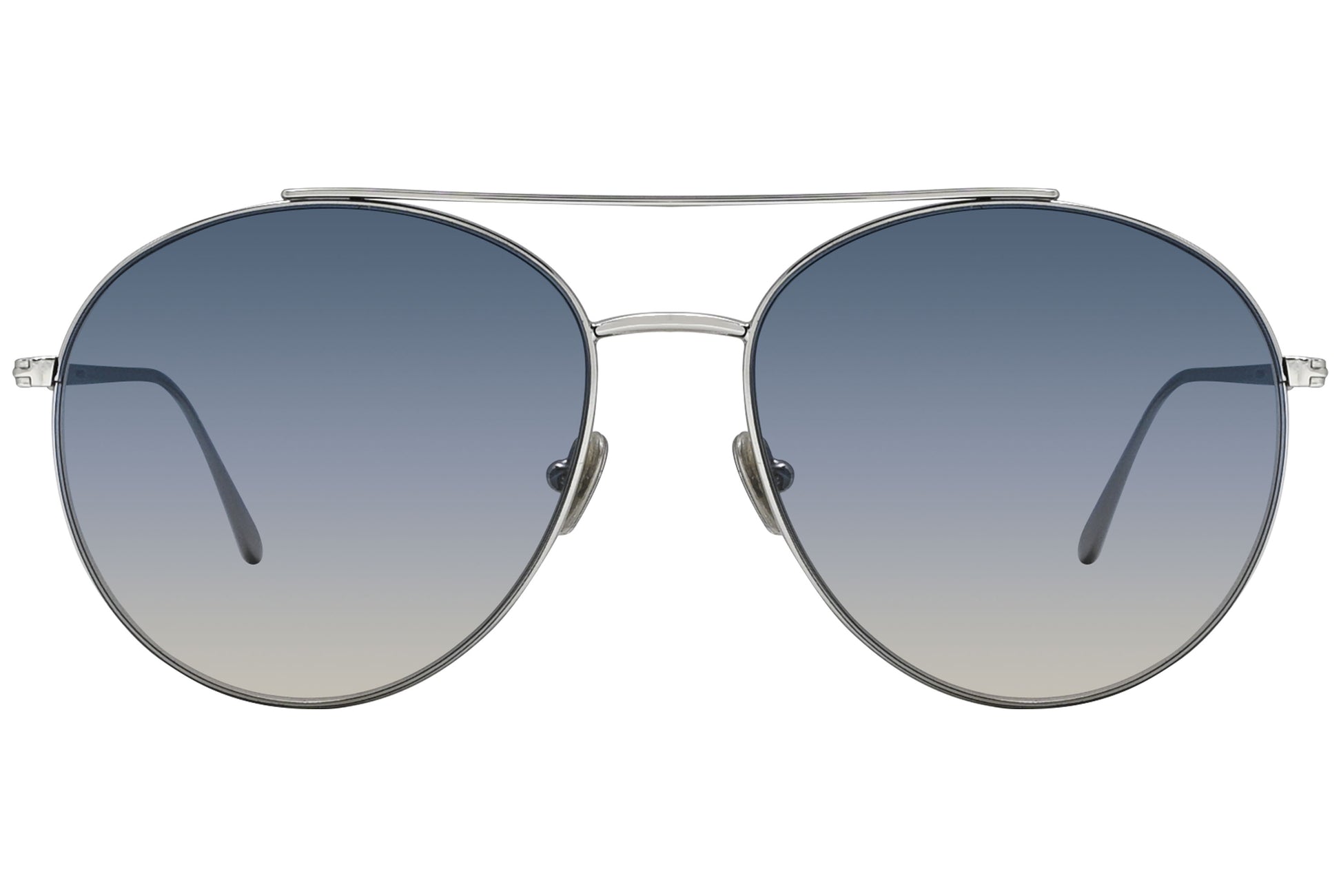 A pair of Tom Ford sunglasses with a silver metal frame and blue lenses.