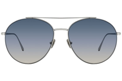 A pair of Tom Ford sunglasses with a silver metal frame and blue lenses.