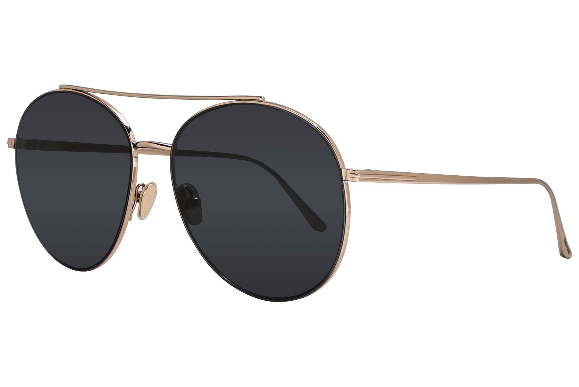 A pair of Tom Ford sunglasses with gold metal frame and dark lenses.