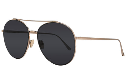A pair of Tom Ford sunglasses with gold metal frame and dark lenses.