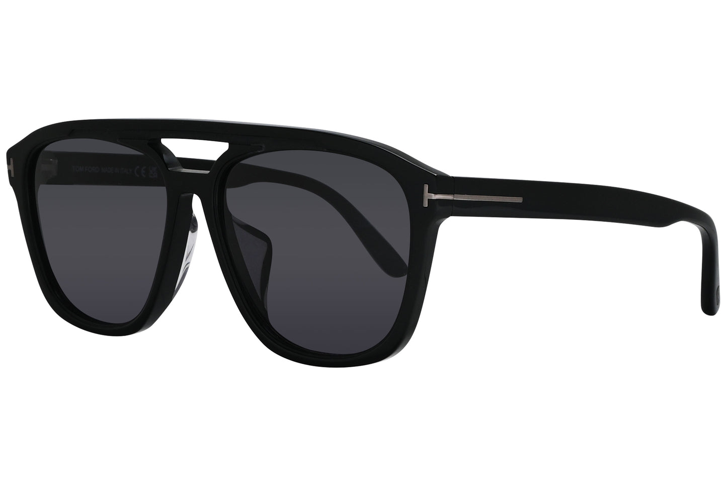 A pair of Tom Ford black aviator sunglasses with dark lenses and a plastic frame.