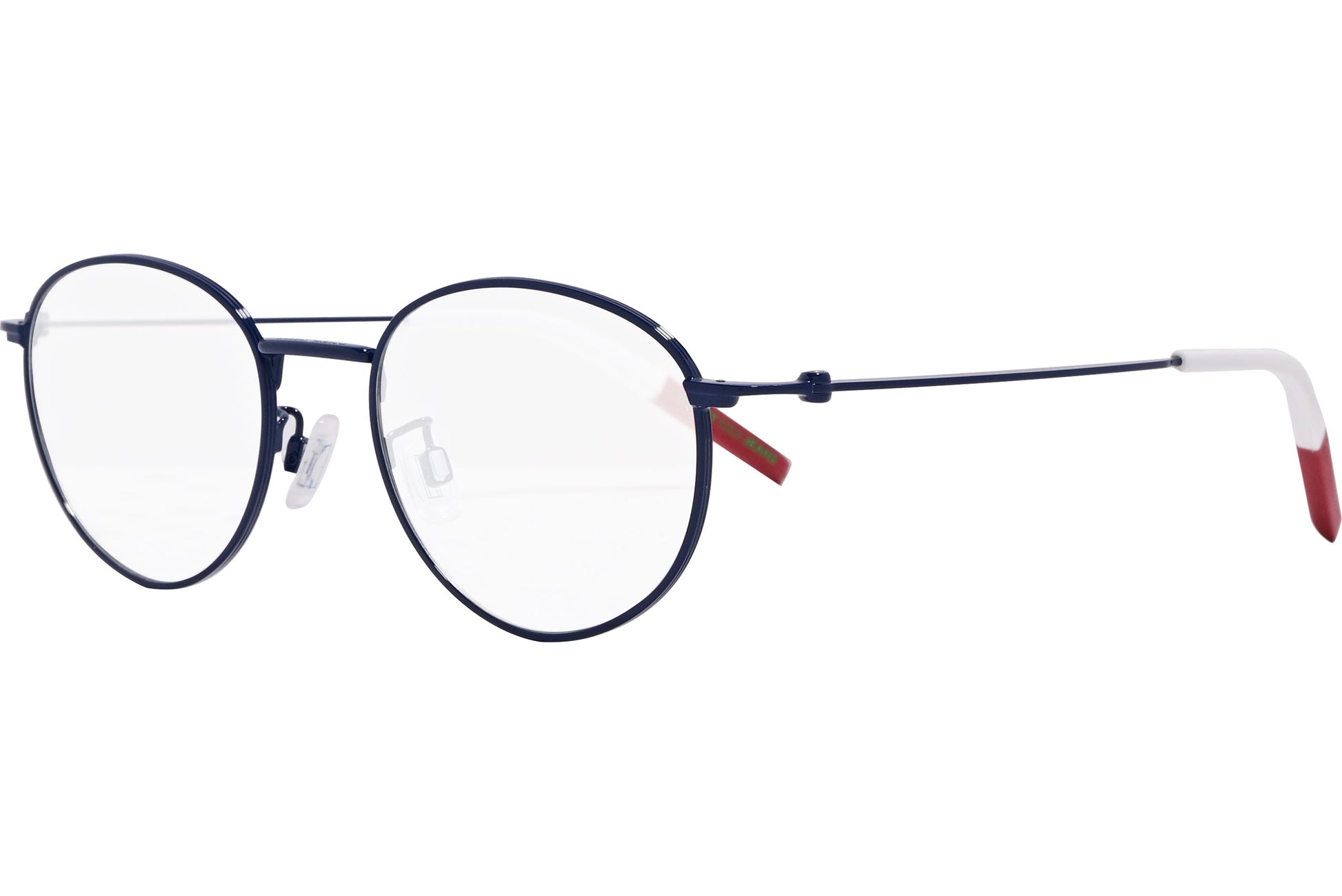 tommy hilfiger oval blue eyeglasses frame viewed from a 45-degree angle.