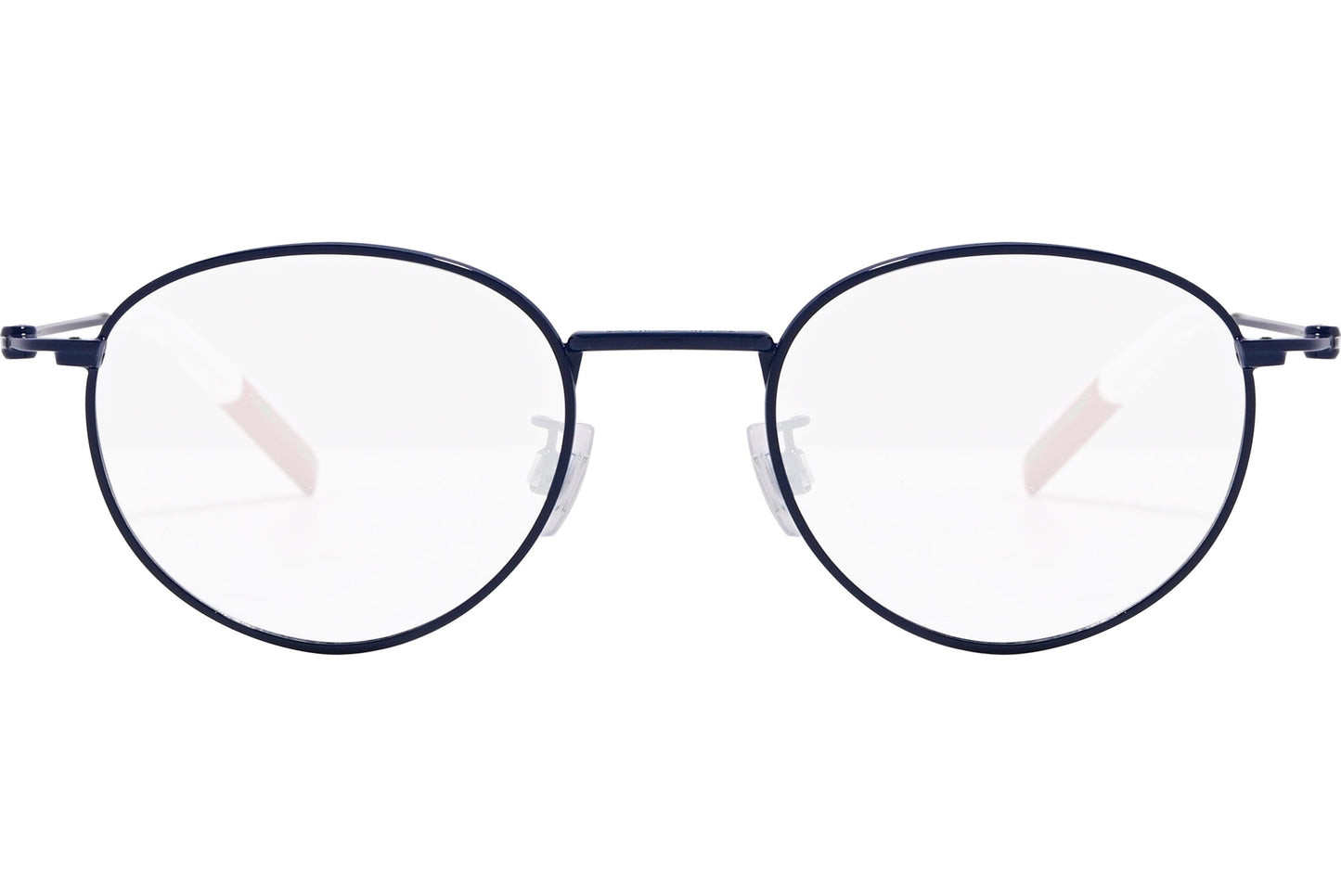 tommy hilfiger oval blue eyeglasses frame viewed from front angle.