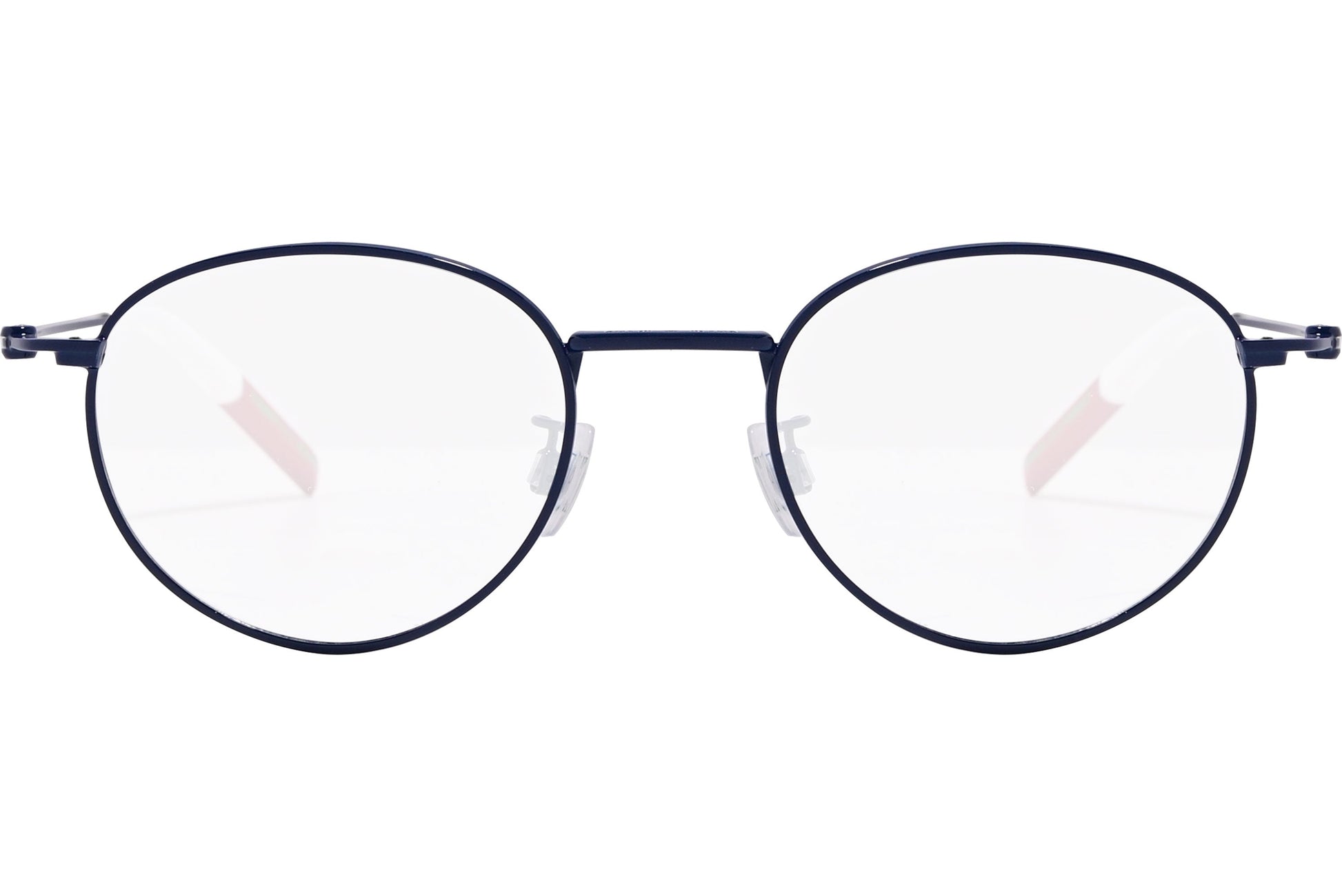 tommy hilfiger oval blue eyeglasses frame viewed from front angle.