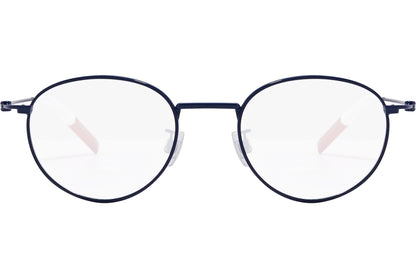 tommy hilfiger oval blue eyeglasses frame viewed from front angle.