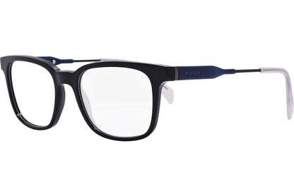 tommy hilfiger rectangle black eyeglasses frame viewed from a 45-degree angle.