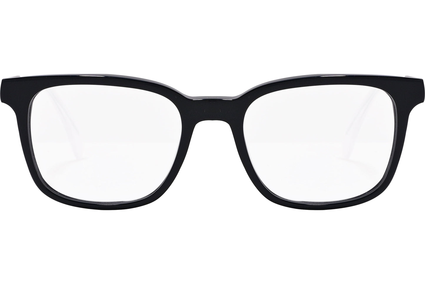 tommy hilfiger rectangle black eyeglasses frame viewed from front angle.