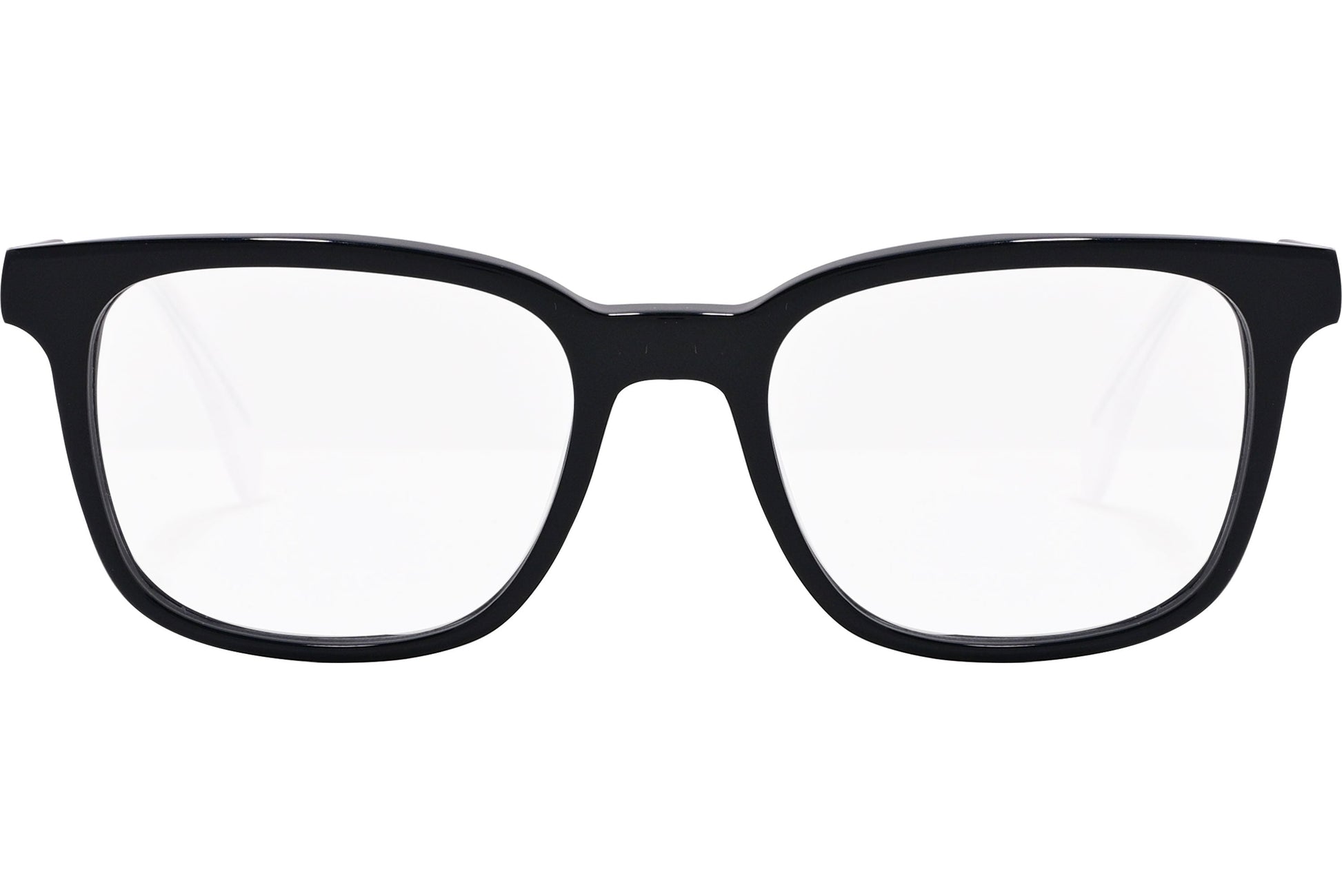 tommy hilfiger rectangle black eyeglasses frame viewed from front angle.