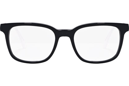 tommy hilfiger rectangle black eyeglasses frame viewed from front angle.