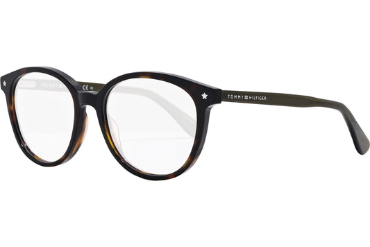 tommy hilfiger oval tortoise eyeglasses frame viewed from a 45-degree angle.