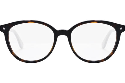 tommy hilfiger oval tortoise eyeglasses frame viewed from front angle.