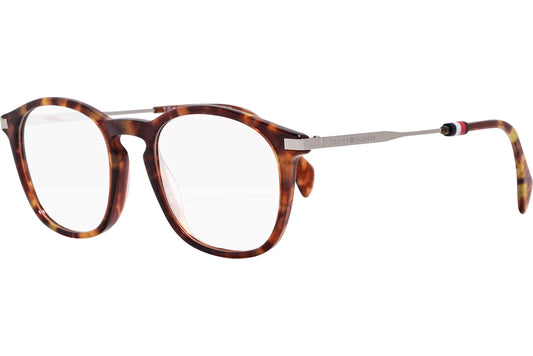 tommy hilfiger square tortoise eyeglasses frame viewed from a 45-degree angle.