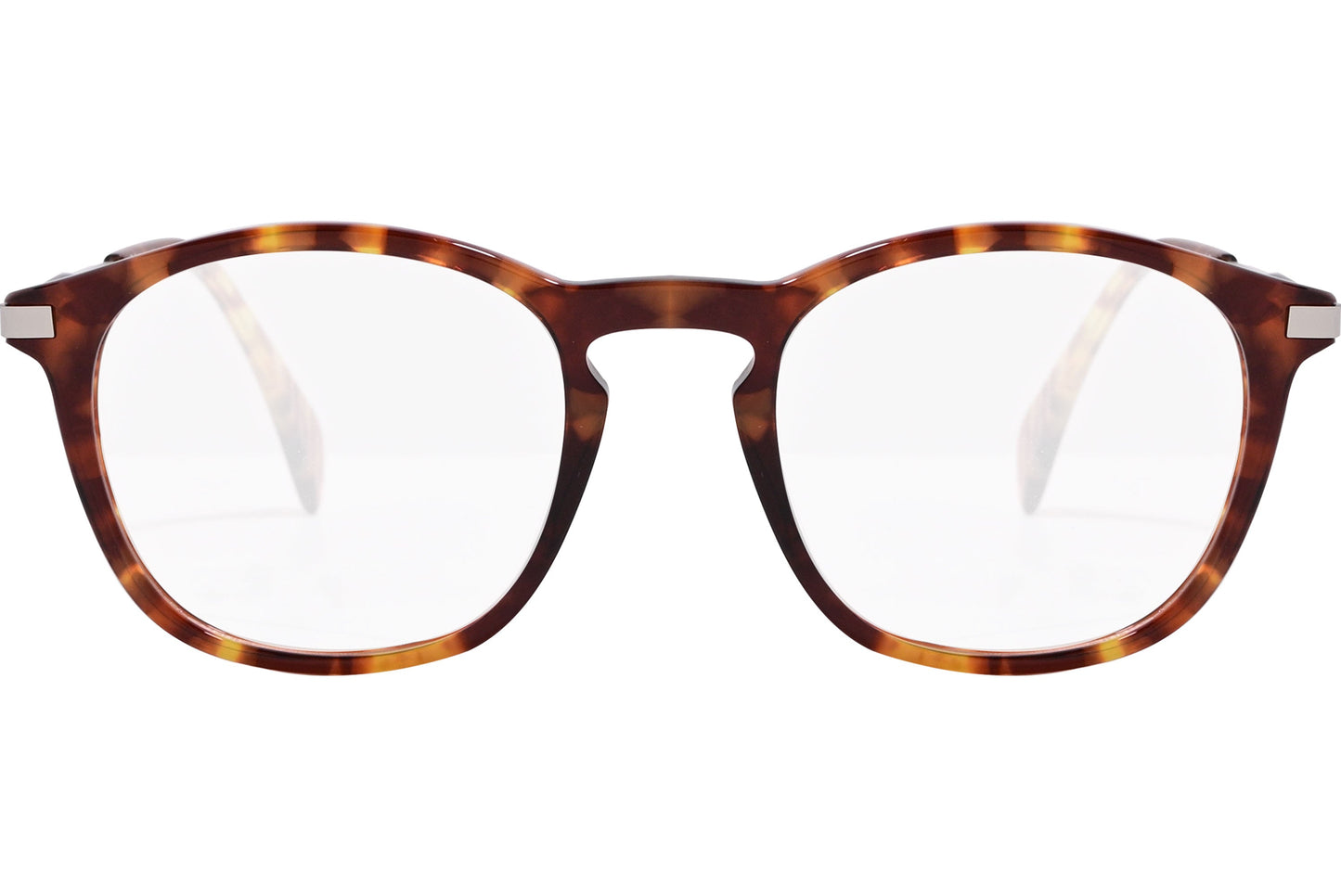 tommy hilfiger square tortoise eyeglasses frame viewed from front angle.