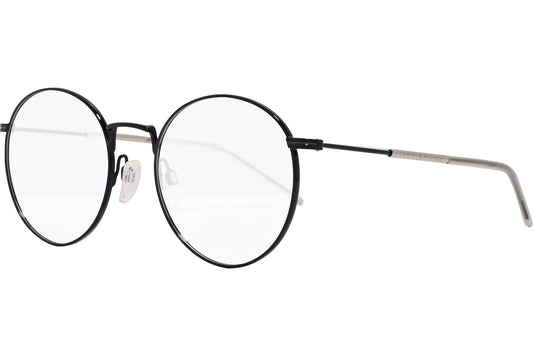 tommy hilfiger oval black eyeglasses frame viewed from a 45-degree angle.