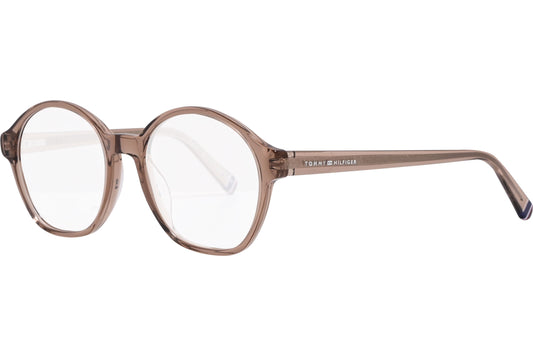 tommy hilfiger oval brown eyeglasses frame viewed from a 45-degree angle.