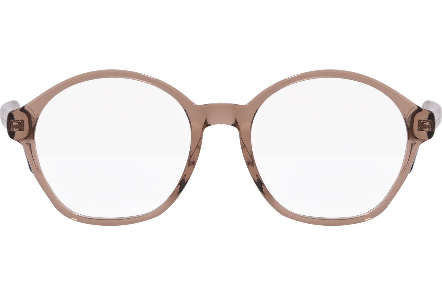 tommy hilfiger oval brown eyeglasses frame viewed from front angle.