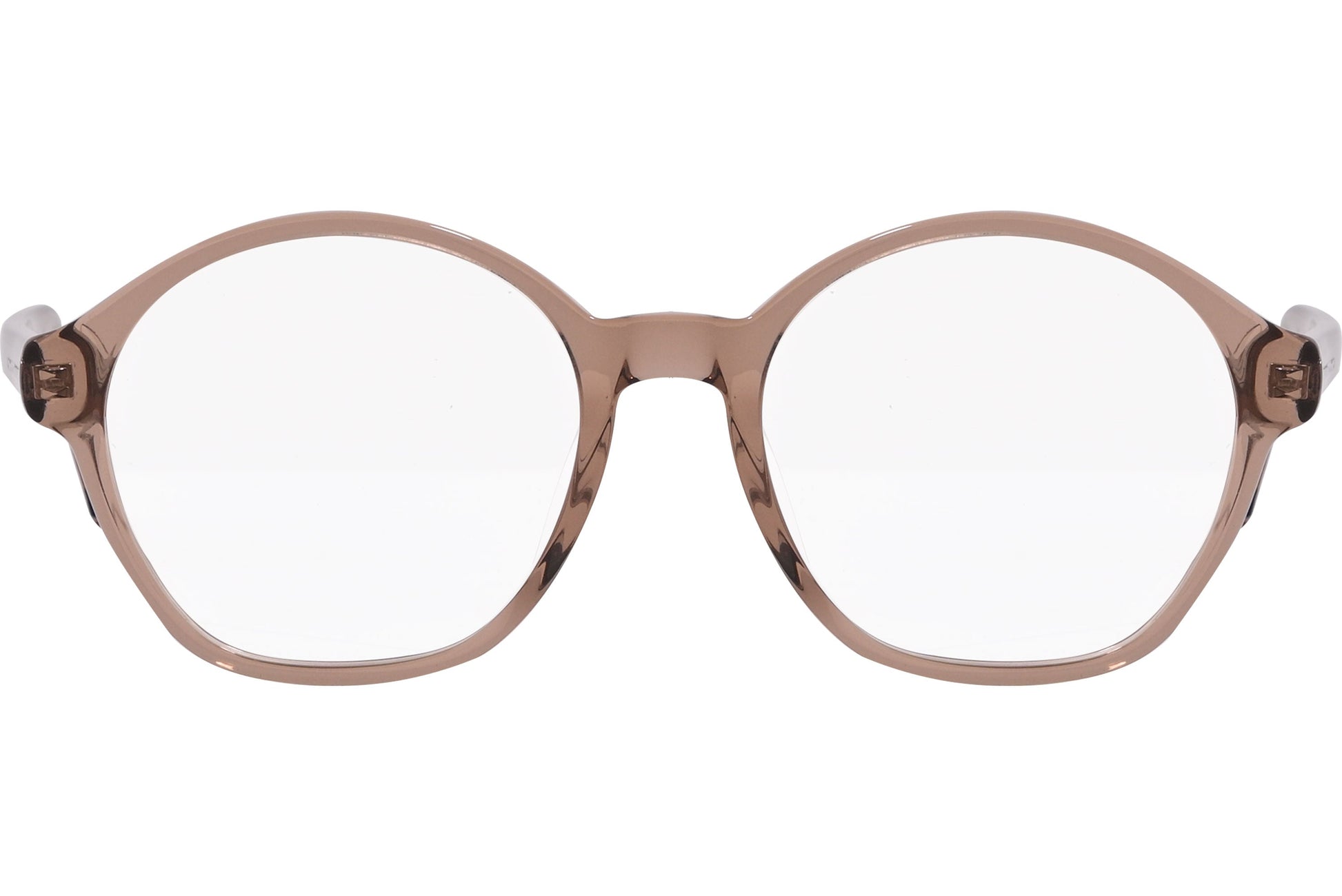 tommy hilfiger oval brown eyeglasses frame viewed from front angle.