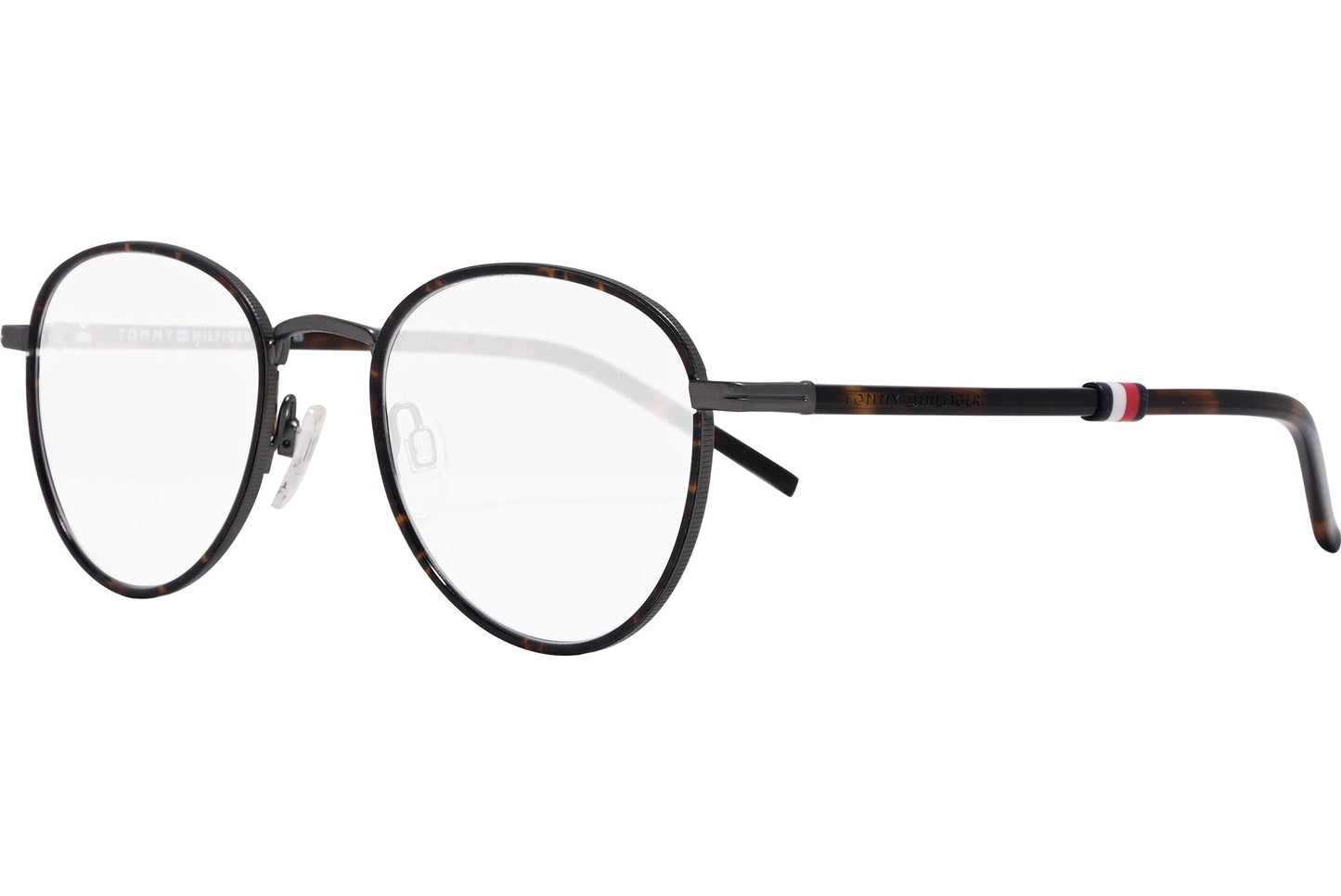 tommy hilfiger oval tortoise eyeglasses frame viewed from a 45-degree angle.