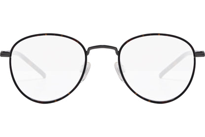 tommy hilfiger oval tortoise eyeglasses frame viewed from front angle.