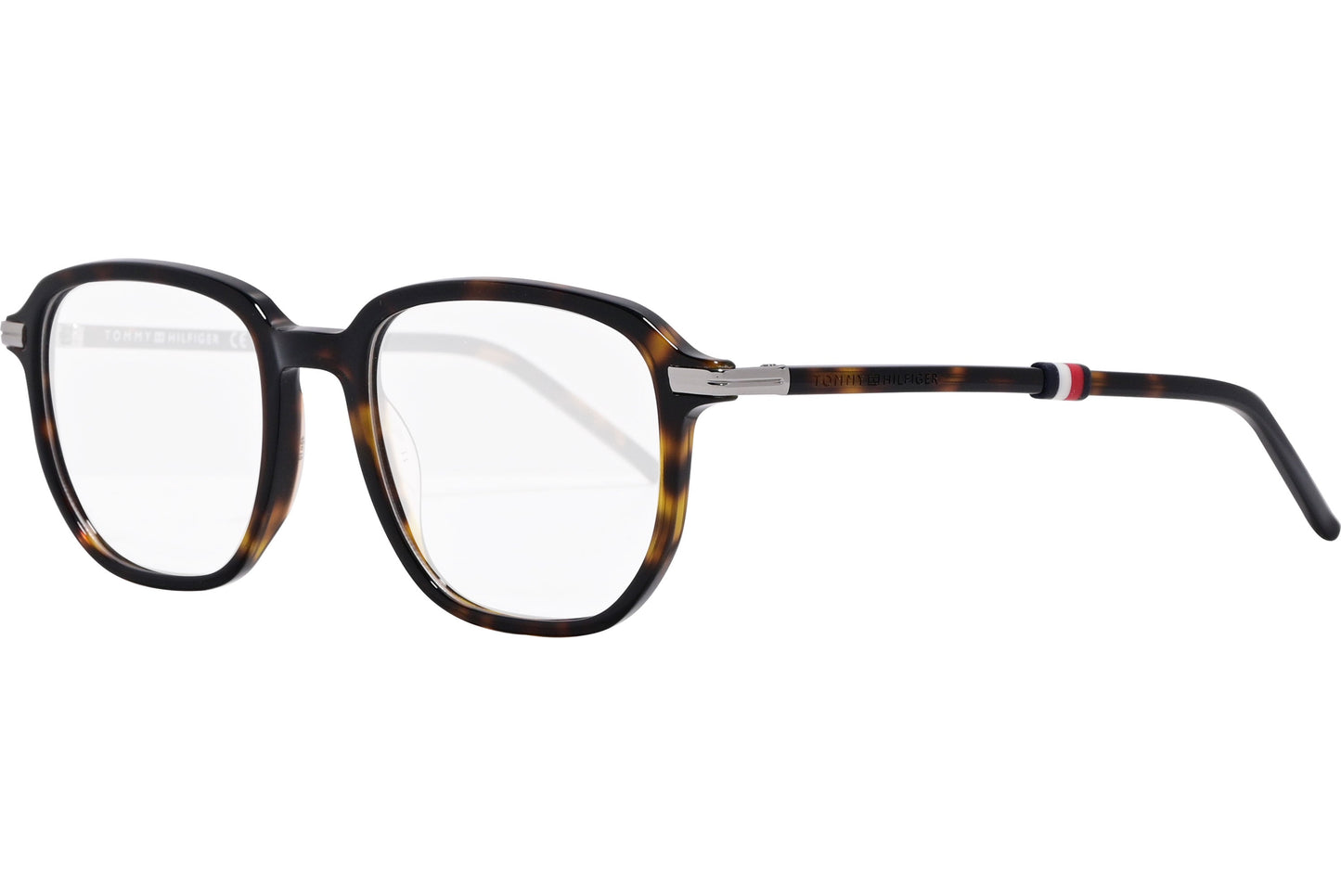 tommy hilfiger square tortoise eyeglasses frame viewed from a 45-degree angle.