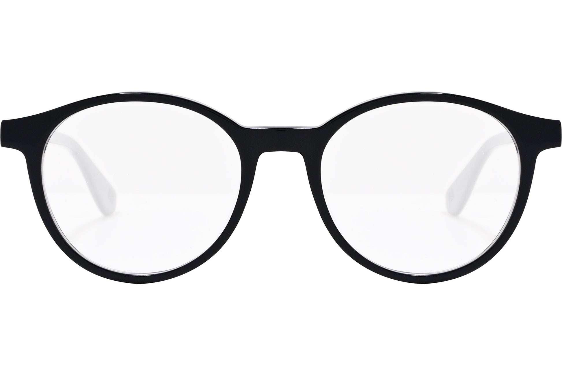 tommy hilfiger oval black eyeglasses frame viewed from front angle.