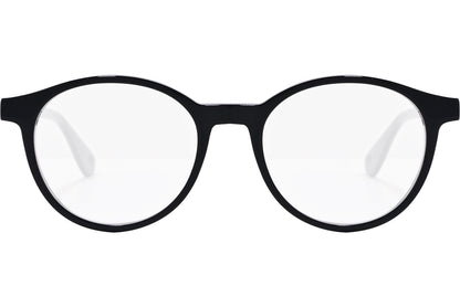 tommy hilfiger oval black eyeglasses frame viewed from front angle.