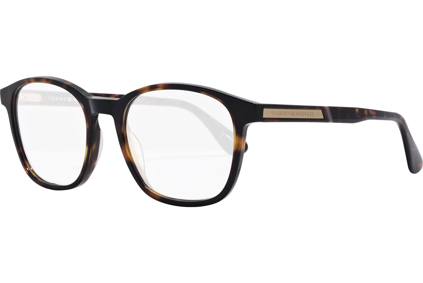 tommy hilfiger rectangle tortoise eyeglasses frame viewed from a 45-degree angle.