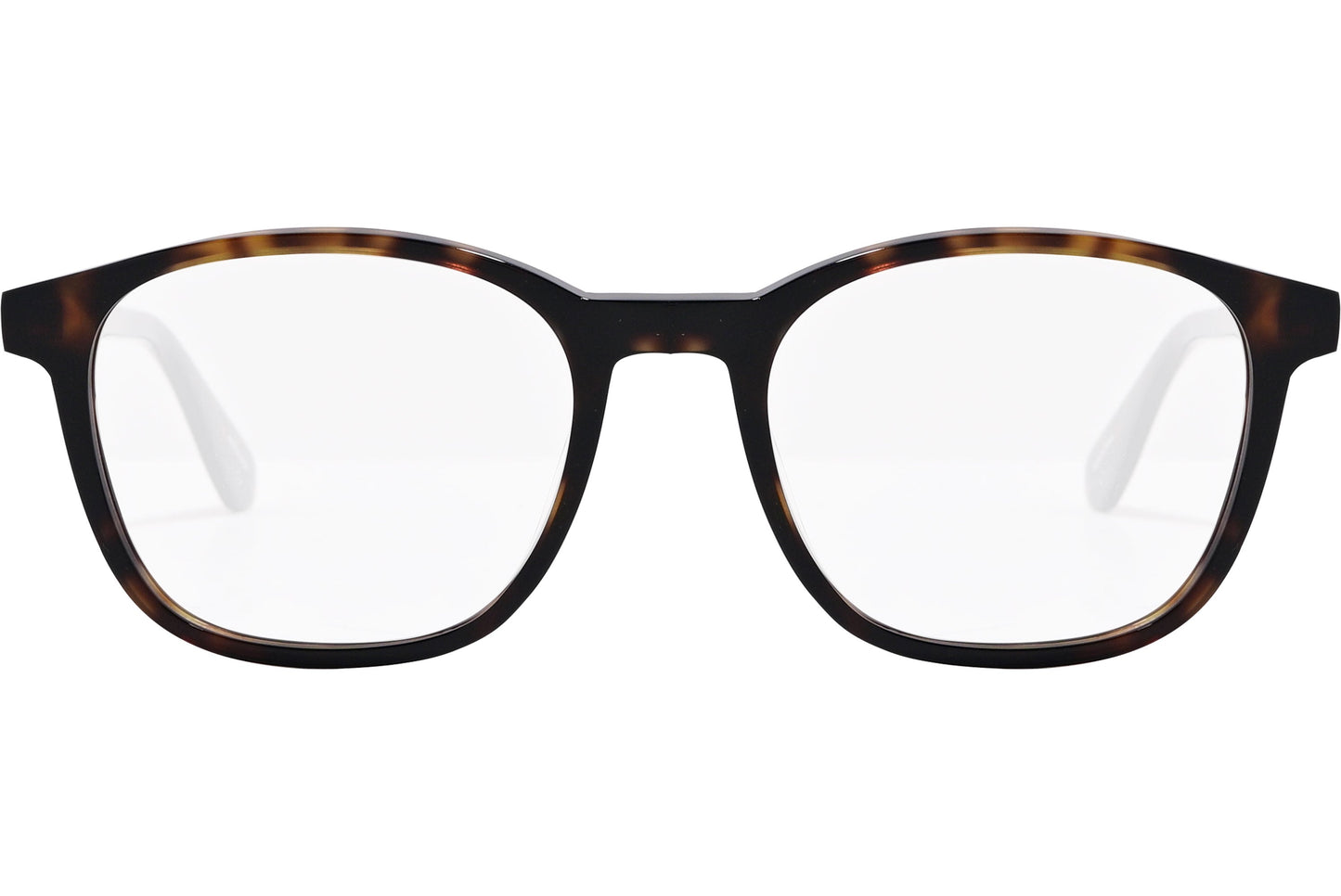 tommy hilfiger rectangle tortoise eyeglasses frame viewed from front angle.