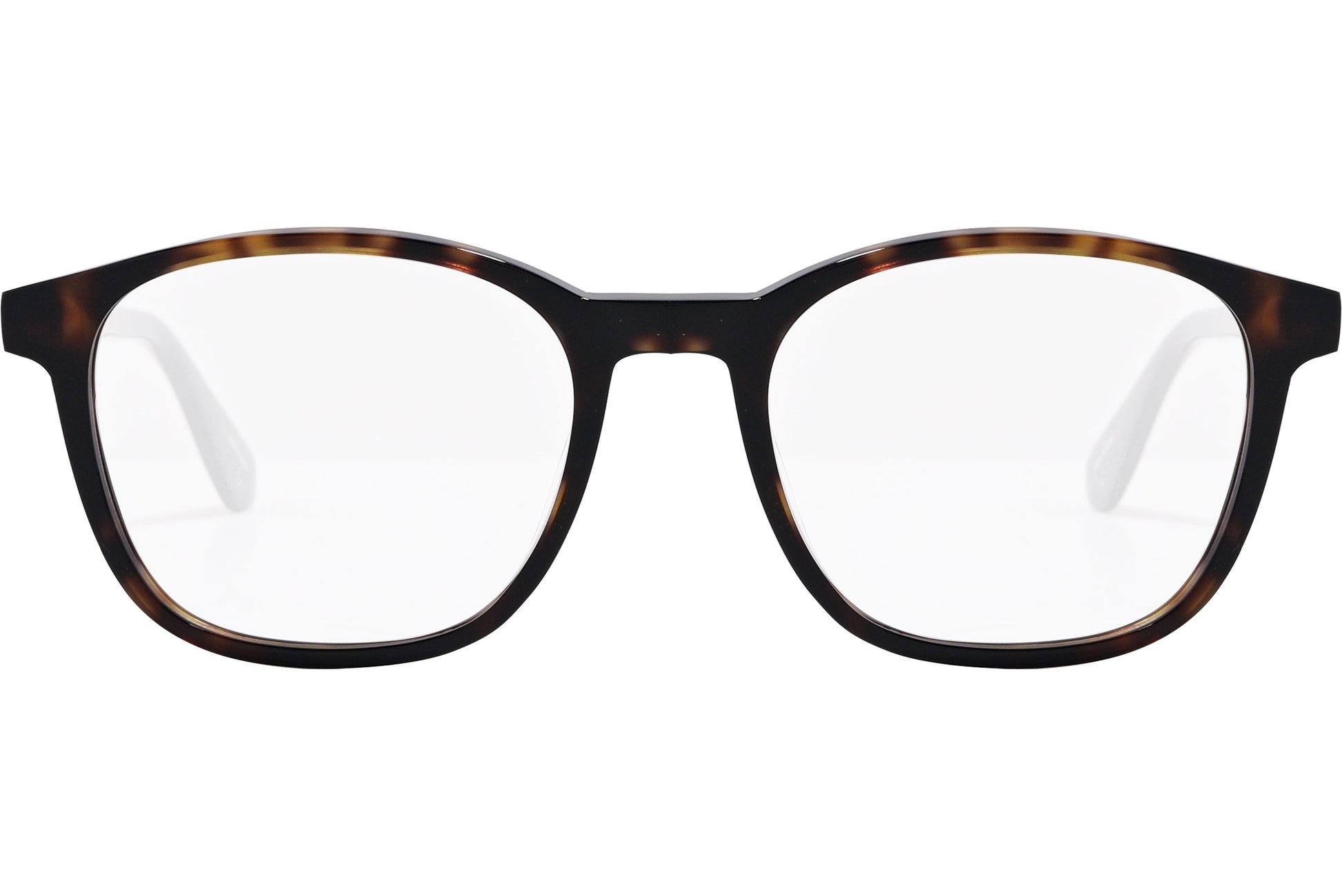 tommy hilfiger rectangle tortoise eyeglasses frame viewed from front angle.