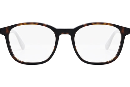 tommy hilfiger rectangle tortoise eyeglasses frame viewed from front angle.