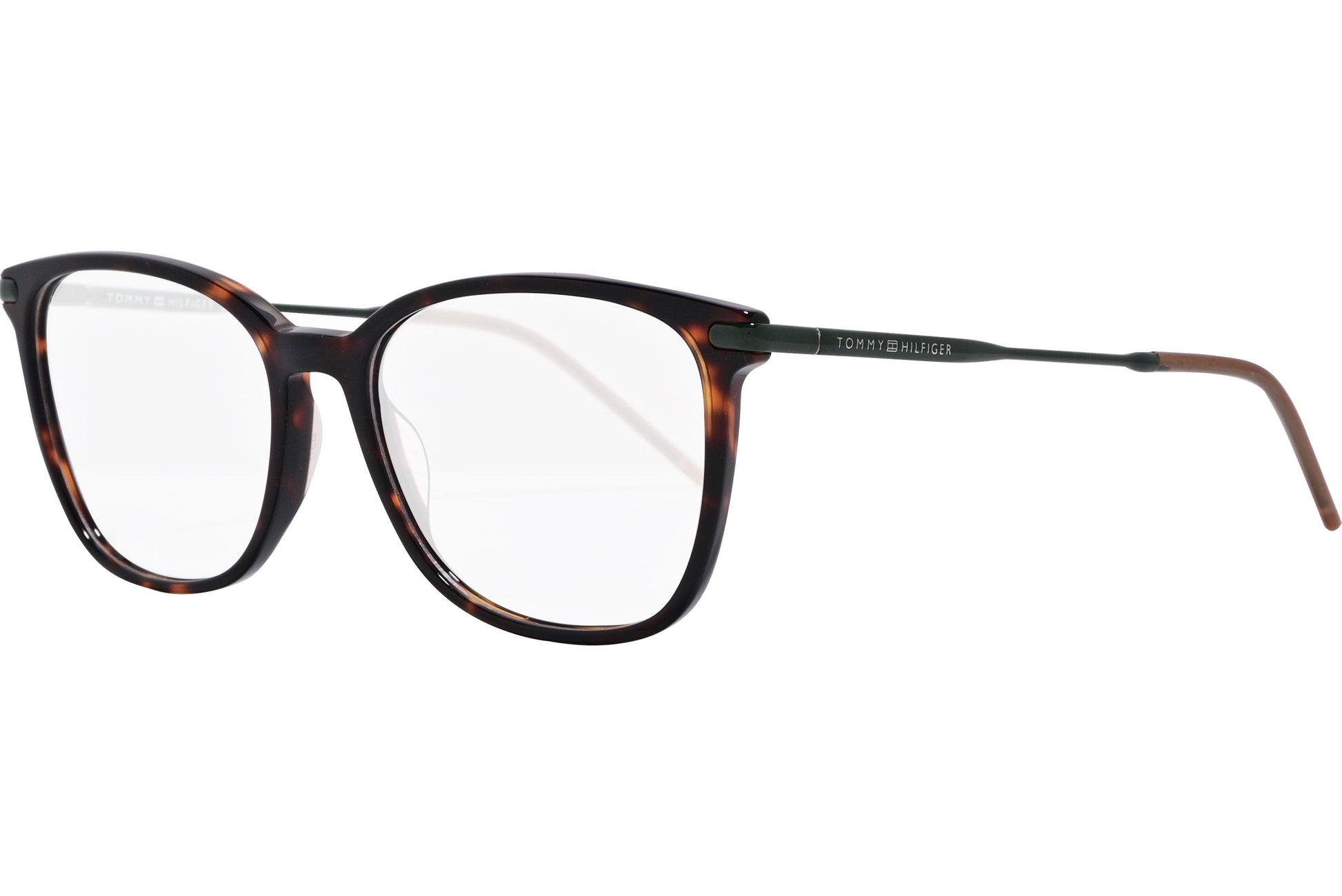 tommy hilfiger rectangle tortoise eyeglasses frame viewed from a 45-degree angle.