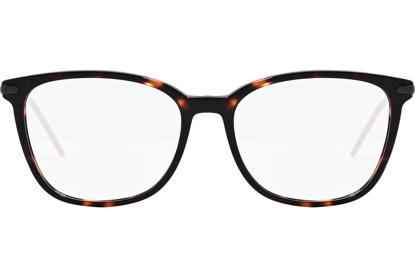 tommy hilfiger rectangle tortoise eyeglasses frame viewed from front angle.