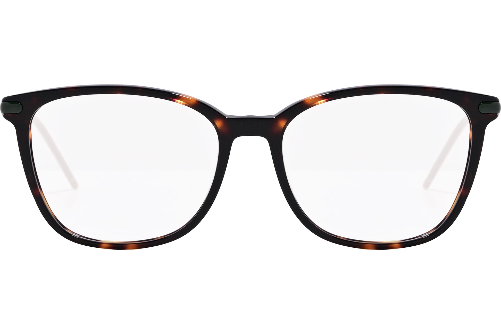 tommy hilfiger rectangle tortoise eyeglasses frame viewed from front angle.