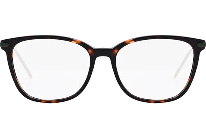 tommy hilfiger rectangle tortoise eyeglasses frame viewed from front angle.